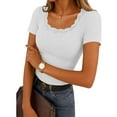 thumbnail image 2 of Posijego Going out Tops for Women Lace Scoop Neck Short Sleeve T-Shirts Ribbed Knit Basic Tees Trendy Clothes, 2 of 9
