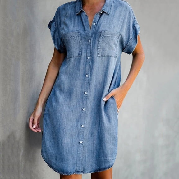 ZHOGXU Women's Denim Dress Short Sleeve Lapel Solid Color Buttons Fashion Comfortable Dresses With Pockets For Casual Daily Wear,Blue,L