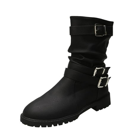 

Ladies Solid Color Wrinkled Leather Belt Buckle Chunky Heel Fashion Mid Boots