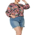 thumbnail image 3 of Agnes Orinda Women's Plus Size Self Tie Neck 3/4 Sleeves Floral Colorful Blouse 2X Black, 3 of 6