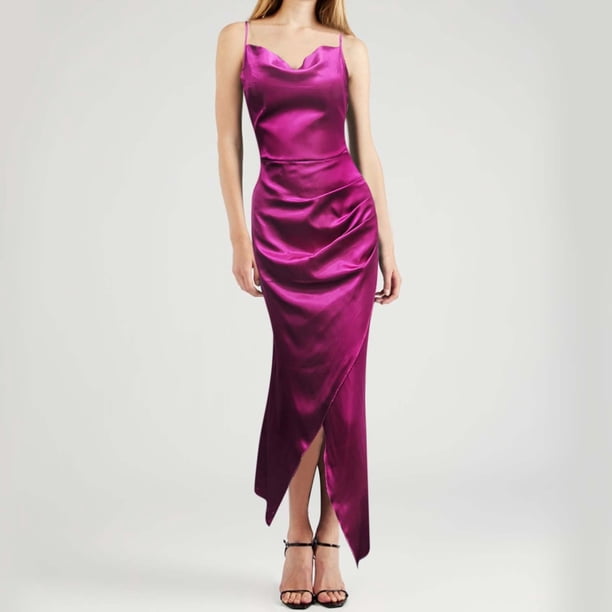 WILLBEST Vestidos De Lino Para Mujer Nuevo Estilo De Chica Belleza De Corte Bajo De Satén Con Abertura Y Tirantes Delgados Sin Espalda