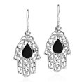thumbnail image 1 of Hamsa Hand Black Onyx Teardrop .925 Silver Dangle Earrings, 1 of 3