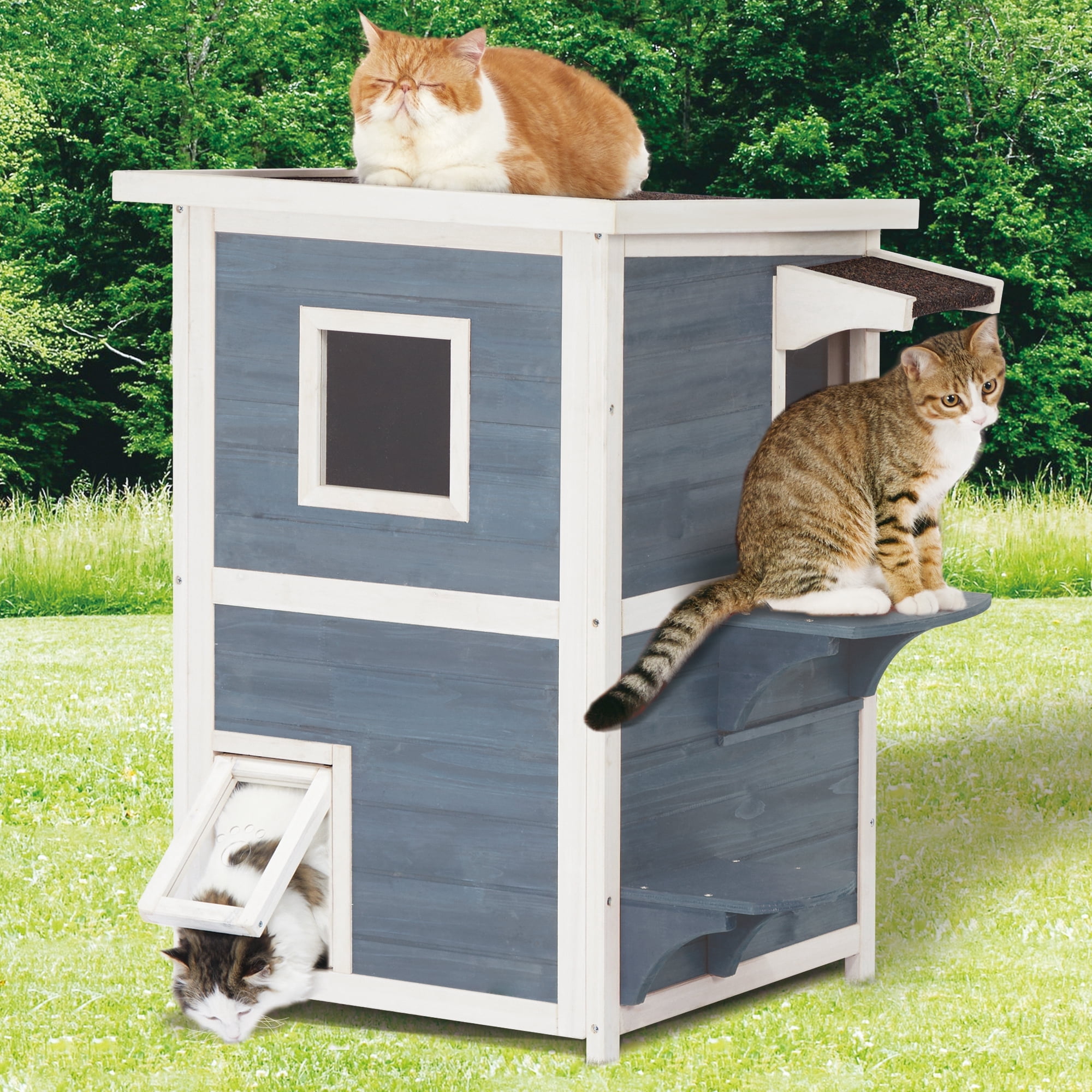 Petsfit 2-Story Weatherproof Outdoor Kitty Cat House/Condo/Shelter with Escape Door Gray