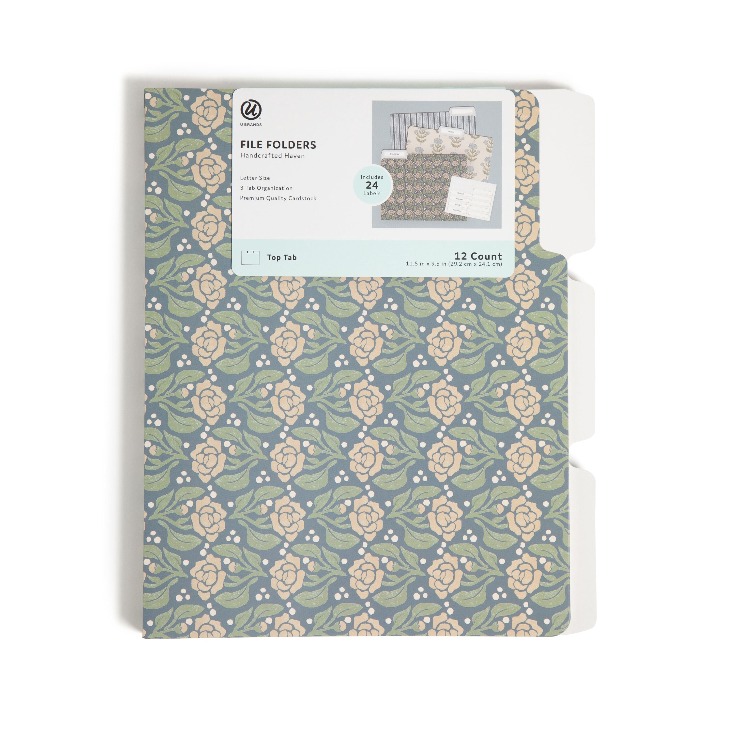 U Brands Fashion File Folders, Set of 12, Handcrafted Haven Blue, 1/3-Cut Tabs, Letter Size