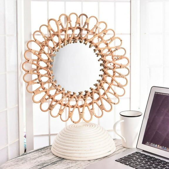 TFCFL 7.87” Rattan Round Hanging Wall-Mounted Mirror Creative Art Decor Hanging Wall Mirror