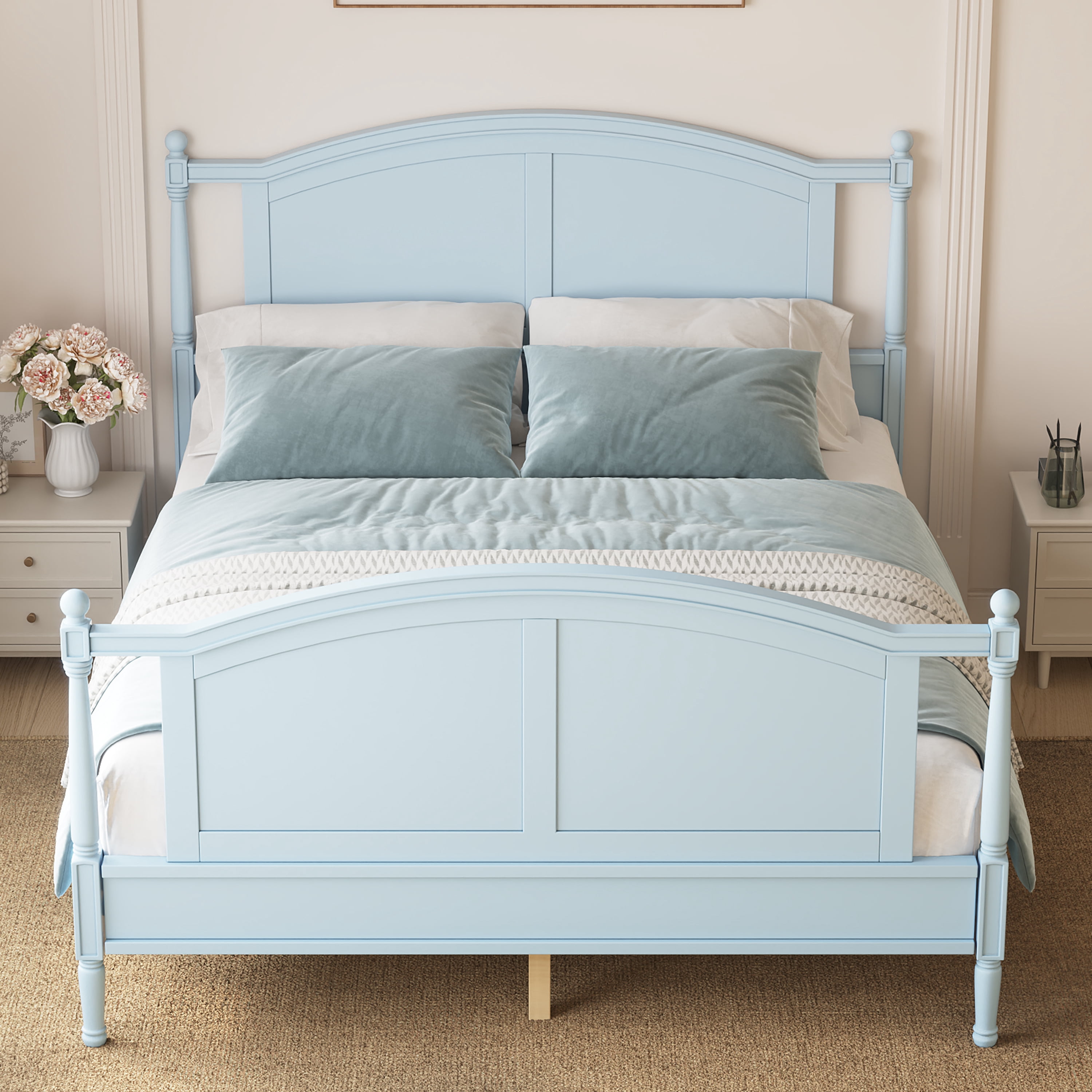 Mintazer Queen Size Farmhouse Platform Bed Frame with Arched Panel Headboard & Footboard, Cottage Panel Bed Frame with Spindle Posts & Slat Support for Bedroom Guest Room, Light Blue