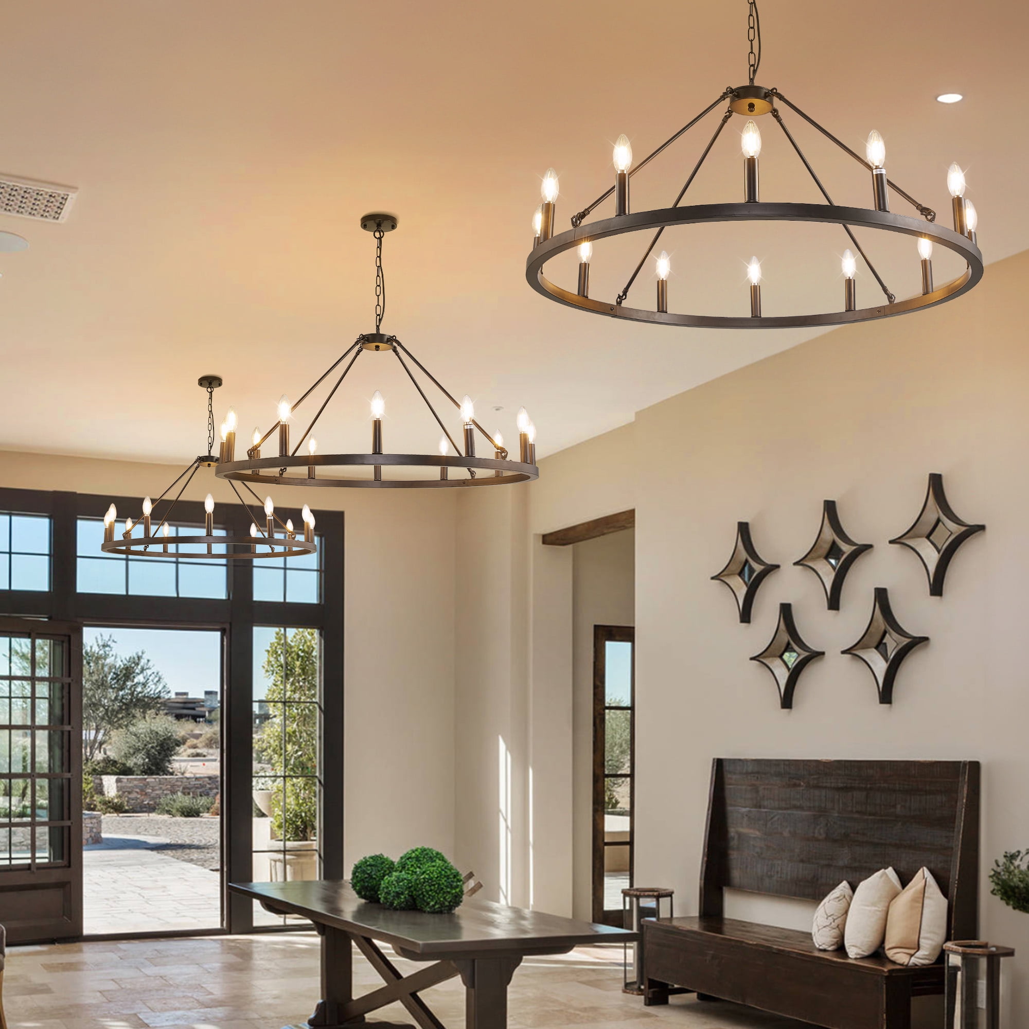 Magic Home 12-Light Wagon Wheel Chandelier,Modern Farmhouse Large Round Chandelier,Round Kitchen Island Light,Black frame + black lamp head