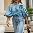 thumbnail image 2 of Summer Tops, Shirts for Women, Women's Stylish Lace-Up Button Front Denim Shirt with Long Sleeves for Fashion-Forward Outfits, 2 of 8