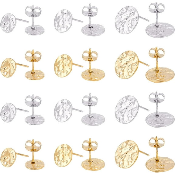 DIY 24pcs 2 Colors Flat Round Metal Earrings Stainless Steel Stud Earring Hypoallergenic Texture Earrings Studs with Earring Backs for DIY Jewelry Making 0.8mm Pin