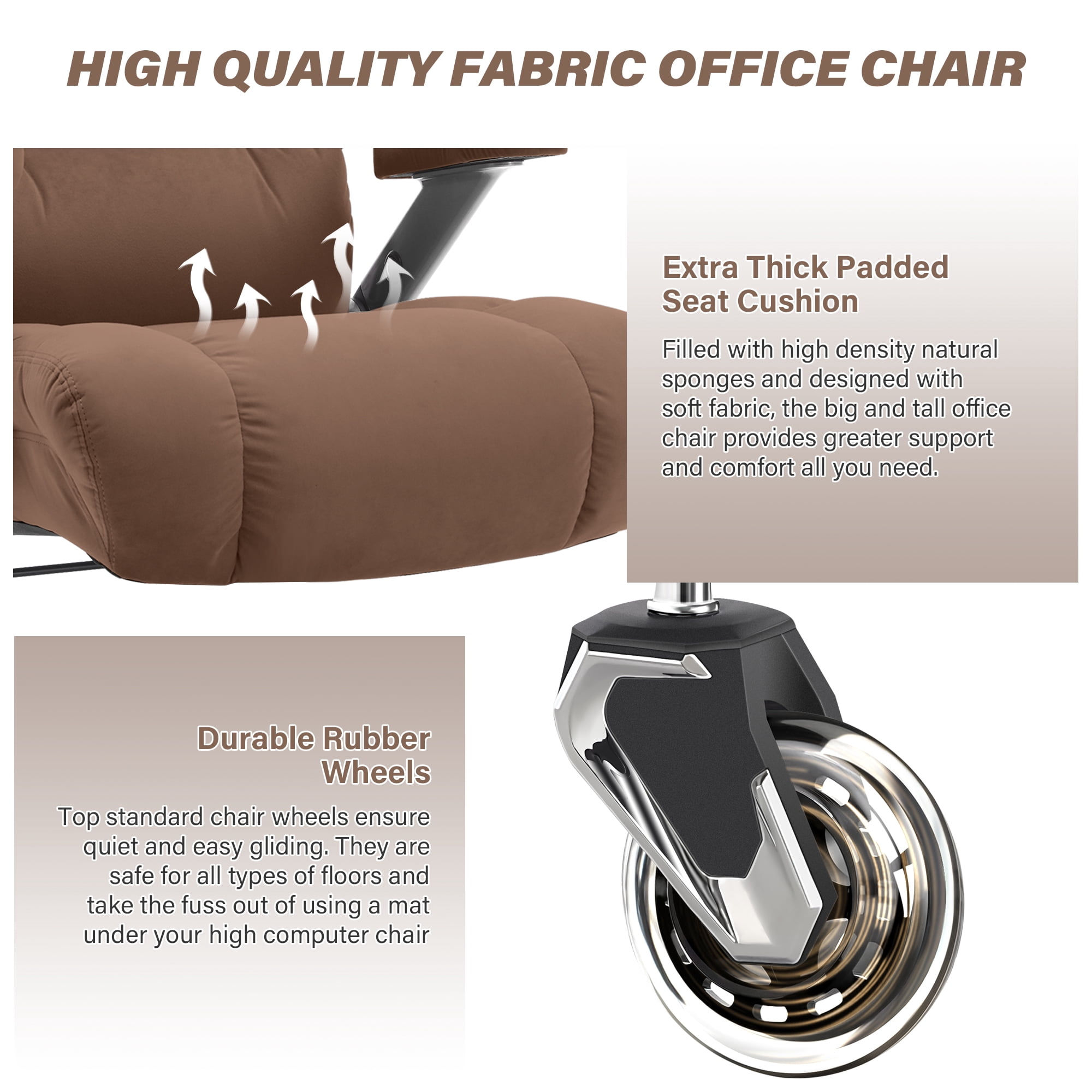 Big and Tall 700lbs Office Chair, Ultra-Soft Fabric Executive Desk Chair, Ergonomic Computer Chair with 3D Flip Up Arms, Adjustable Lumbar Support, Heavy Duty Metal Base and Quiet Rubber Wheel, Brown
