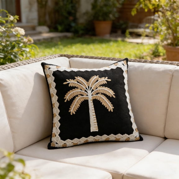 MOONDU Black Palm Tree Embroidered Lumbar Pillow Cover, Cotton Linen Outdoor Patio Cushion Case, Tropical Decorative Throw Pillow Sham for Sofa Couch