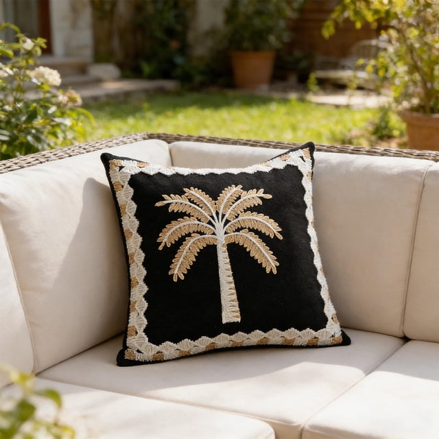 Funda de almohada bordada con palmeras para cojín de sofá de patio exterior – Funda de respaldo de algodón y lino para banco o silla de jardín.