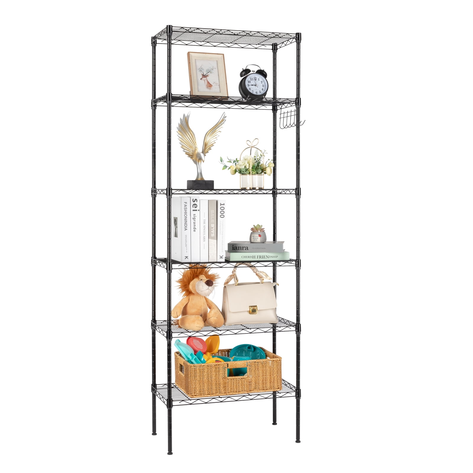 Storage Rack 6 Layer Adjustable Carbon Steel Storage Rack with Wheels & Hooks Large Capacity for Home, Hotel, Restaurant