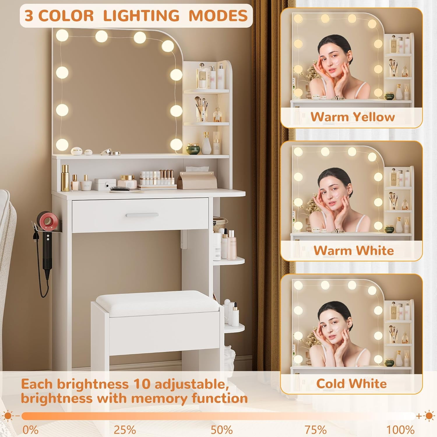 26.4" Small Makeup Vanity Set with Mirror and Lights, NEORIVER Modern Vanity Desk with Bench and Power Outlets