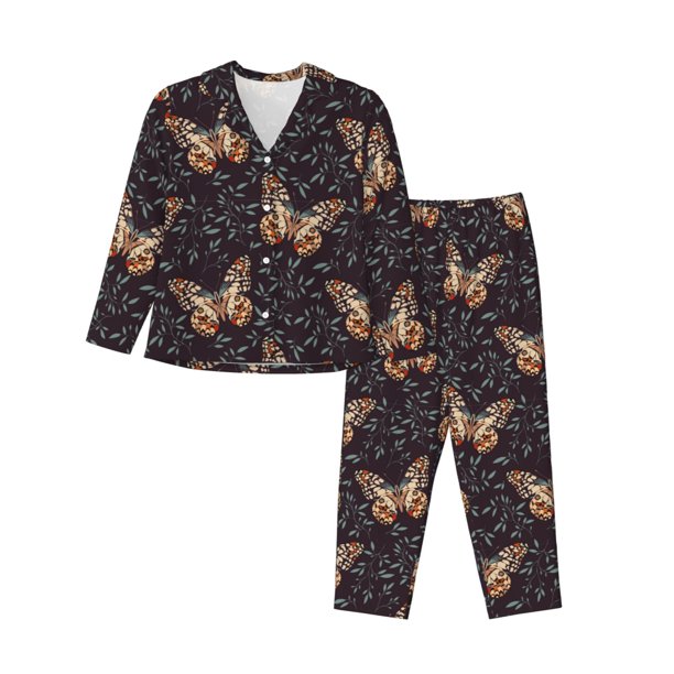 Fotbe Butterfly1 Conjunto de Pijama de Manga Larga para Mujer con Estampado, Ropa de Dormir de 2 Piezas, Conjunto de Casa Suave y Cómodo con Bolsillos-Small