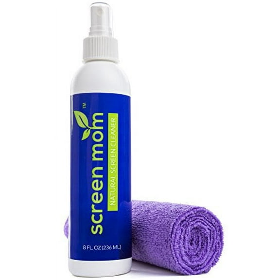 Screen Mom Screen Cleaner Kit for LED & LCD TV, Computer Monitor, Phone, Laptop, and iPad Screens – Includes 8oz Spray Bottle and Large Premium Microfiber Cloth