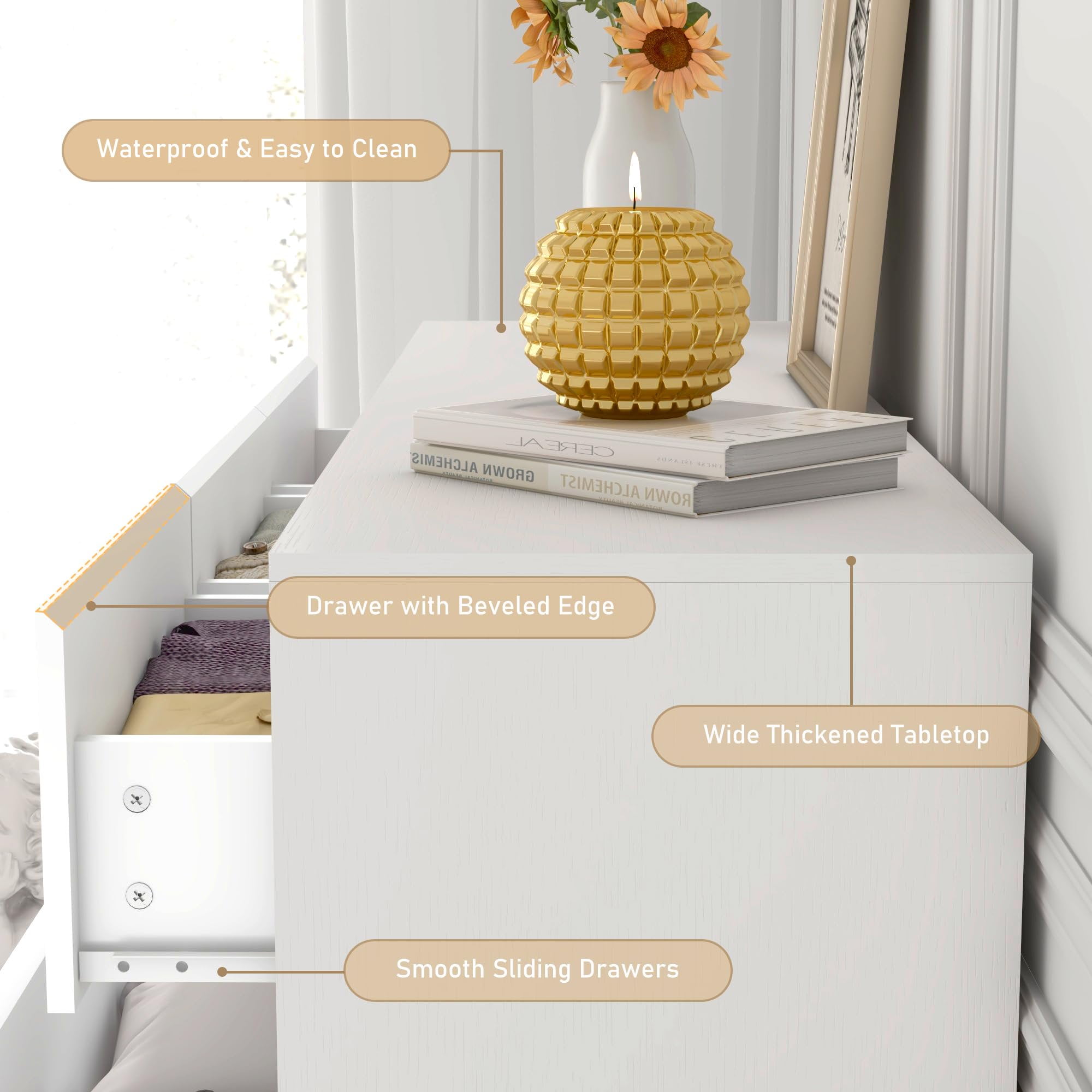 Blotout White Malm Dresser for Bedroom, 55" Long Dresser High Gloss Dresser with 7 Drawers, Large Wood Chest of Drawer Handle Free, Dresser for Bedroom, Living Room, Entryway, Hallway