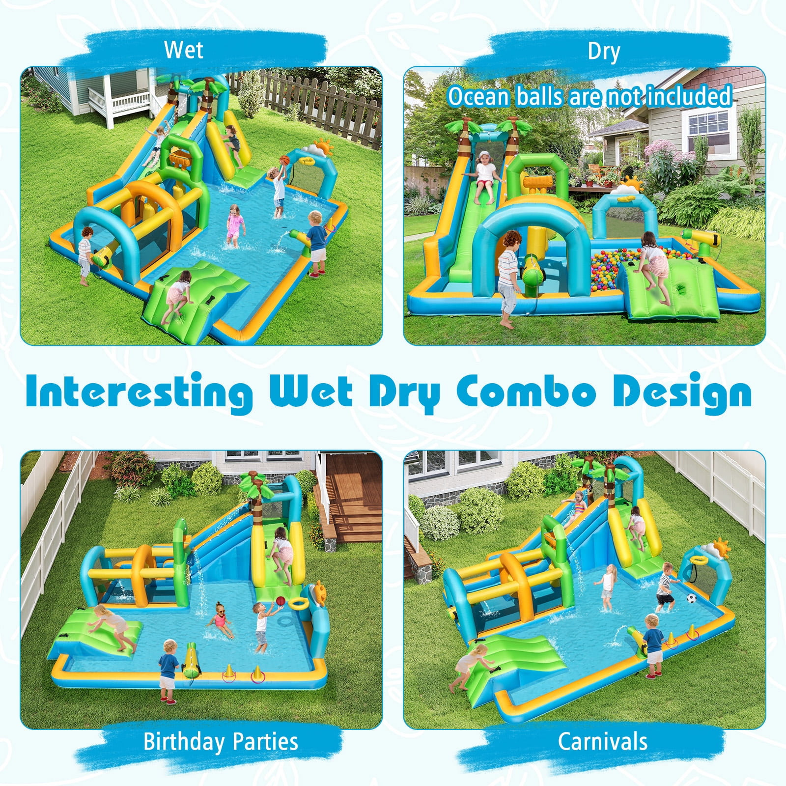 Costway Inflatable Water Park with Climbing Wall Basketball Rim Target Game Without Blower