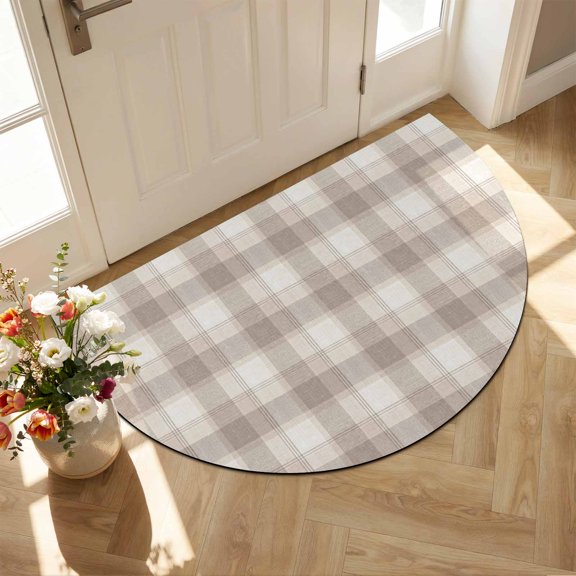 Plaid Grid Diatomaceous Earth Bath Mat, Gingham Brown Overlapping Stripes Woven Texture Half Round Non-Slip Quick Dry Door Mat Super Absorbent Bath Rug for Bathroom Kitchen Laundry 16x24in
