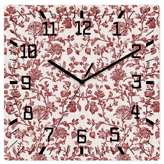 Farmhouse Red Wooden Wall Clock Silent Non Ticking, Vintage Flower Leaf Botanical Plant Square Wall Clocks Battery Operated, Decor Clock for Home Office, Living Room, Kitchen, 10 Inch