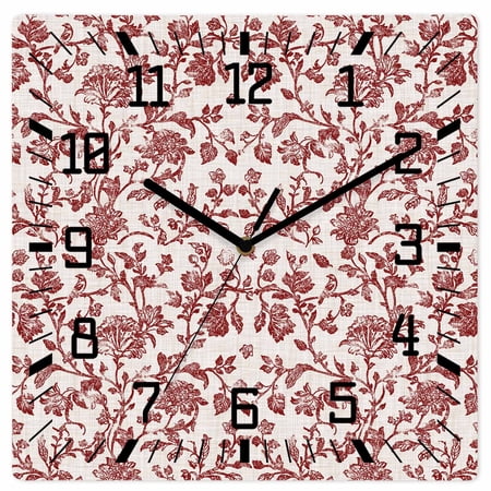 Farmhouse Red Wooden Wall Clock Silent Non Ticking, Vintage Flower Leaf Botanical Plant Square Wall Clocks Battery Operated, Decor Clock for Home Office, Living Room, Kitchen, 12 Inch