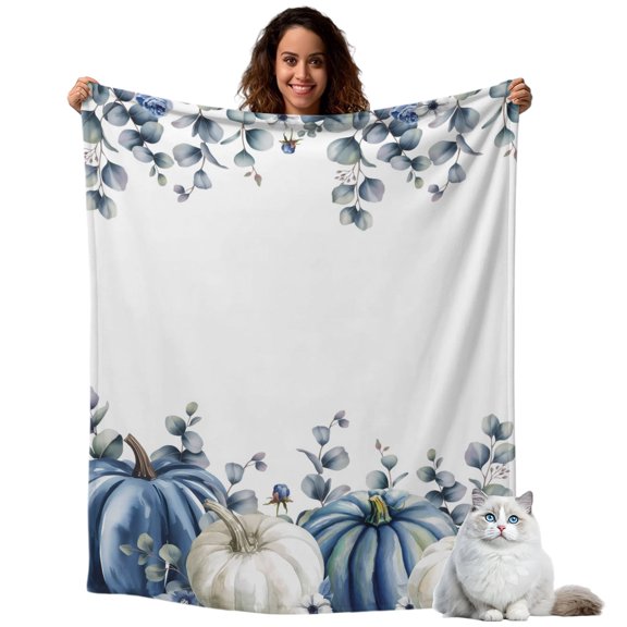 Throw Blanket for Couch, Thanksgiving Blue Pumpkin on White Soft Cozy Warm Flannel Blanket 30x40in, Vintage Fall Eucalyptus Leaves Lightweight Fleece Throw Blankets for Sofa Bedroom Office