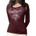 thumbnail image 2 of Franhais Women Close-fitting Pullover, Printed Pattern Long Sleeve Round Collar Tops, Grey/ Wine Red/ Brown/ Purple/ Blue, 2 of 5