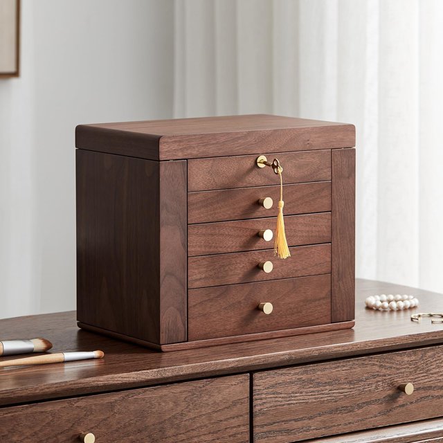 Joyero Homruilink de madera de nogal negro con espejo y cerradura