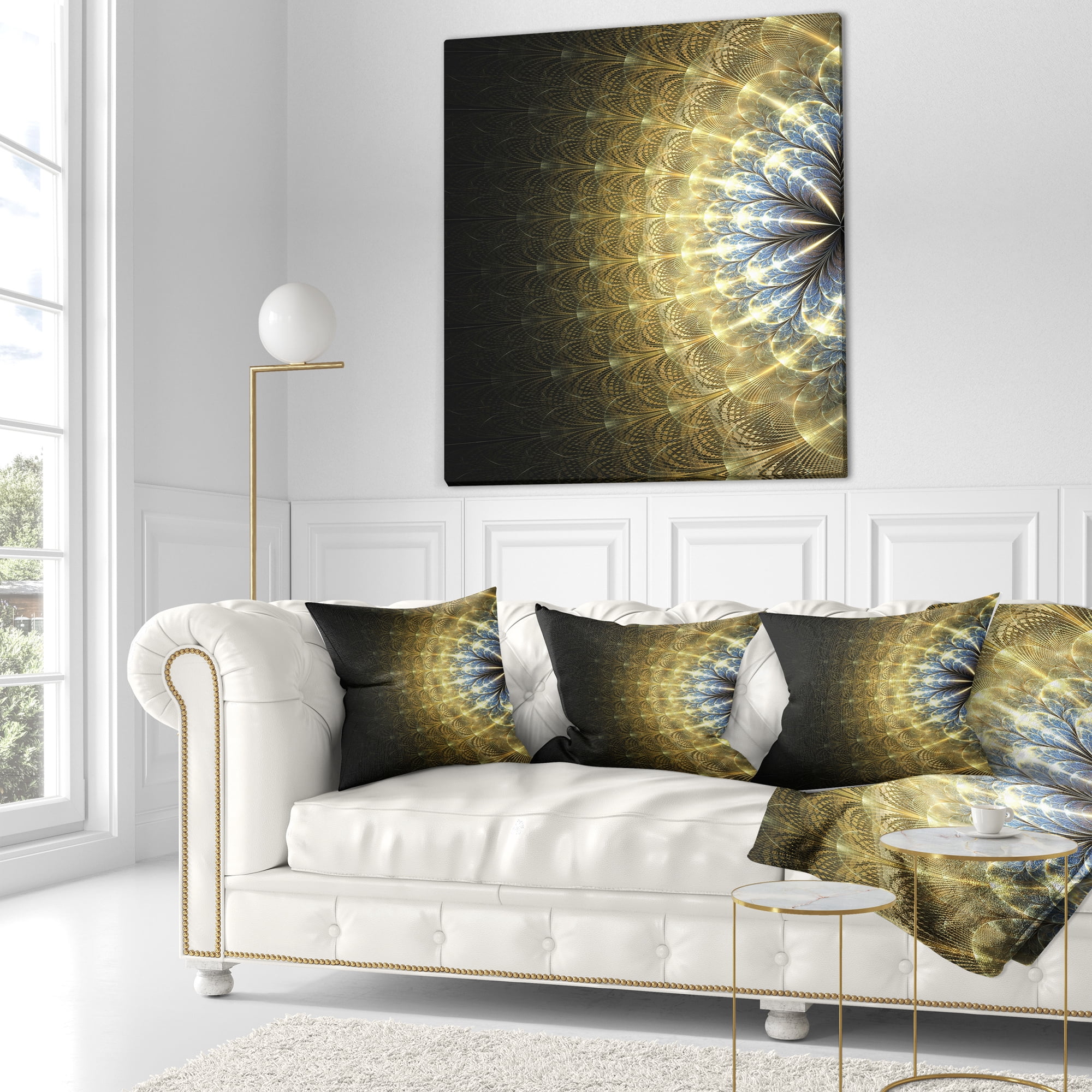 Designart 16" x 16" Contemporary and Modern Black Fractal and Flower Polyester Throw Pillow