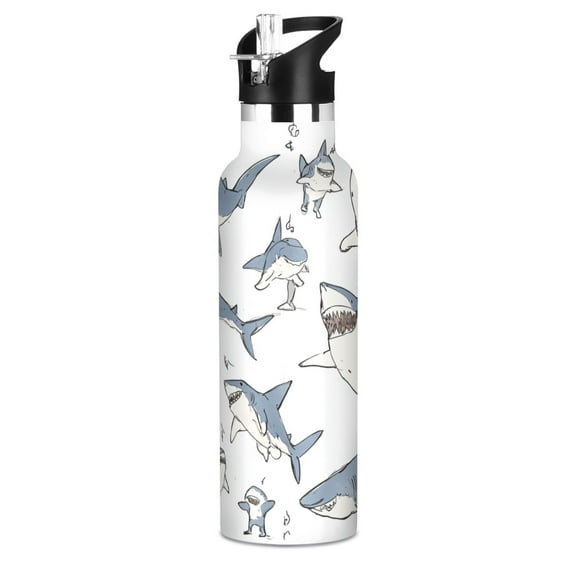 Kids Insulated Stainless Steel Sports Water Bottle 600ml (20oz), BPA-Free Blue Shark with White Belly