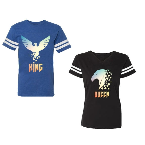 King Queen Eagle Sunny Unisex Couple Matching Cotton Jersey style T-Shirt Contrasting stripes on sleeves (Men Royal / Women Black) (Men S / Women S)