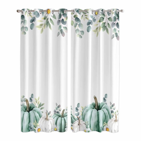 Sage Green Pumpkins Kitchen Curtains Window Panels, Eucalyptus Leaves Watercolor Insulated Window Treatment Curtain, Grommet Curtains for Bedroom/Living Room/Bathroom, 2 Piece 42"Wx84"L