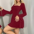 thumbnail image 6 of Stichou Women's Long Sleeve Ribbed Knit Short Dresses 2026 Spring Square Neck A-Line Casual Wedding Guest Winter Sweater Dress Wine 2XL, 6 of 6