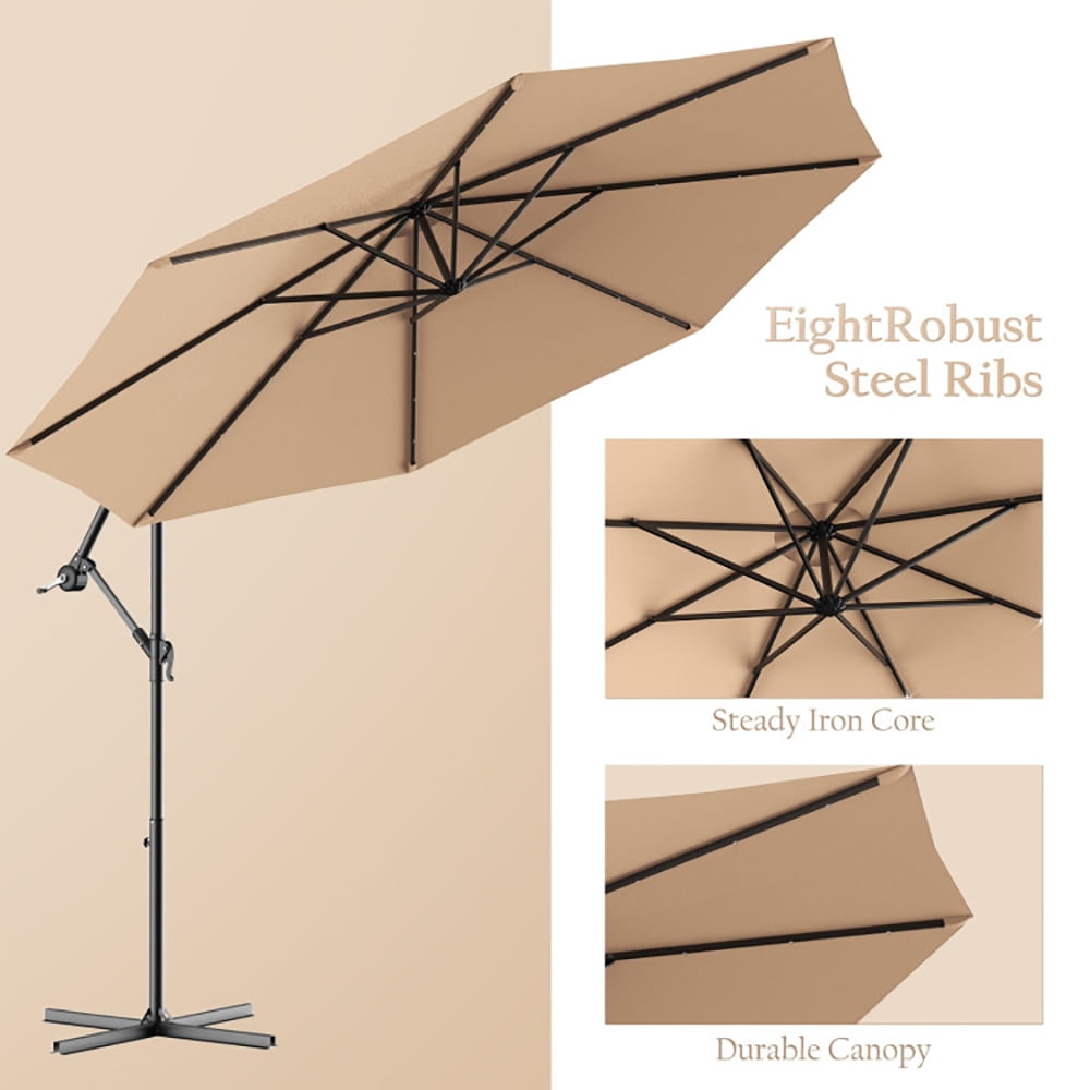 Aimee Lii 10 Feet Patio Hanging Solar LED Umbrella Sun Shade with Cross Base, Table Umbrella Outdoor Patio, Beige Aimee Lii 10 Feet Patio Hanging Solar LED Umbrella Sun Shade with Cross Base, Table Umbrella Outdoor Patio, Beige