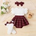 thumbnail image 2 of Kaprioy My First Easter Baby Girl Outfit Girls Clothes Solid Short Ruffle Sleeve Knitted Romper Bodysuit Plaid Skirt Shorts Bow Headband Stockings Set Cute Infant Girl Clothes, 2 of 4