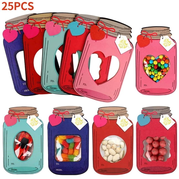Valentines Day Cards Set for Kids,25Pack DIY Happy Valentines Day Mason Jar Card with Candy Bags,Funny ValentinesDay Exchange Cards for Classroom School Prize Party Supplies