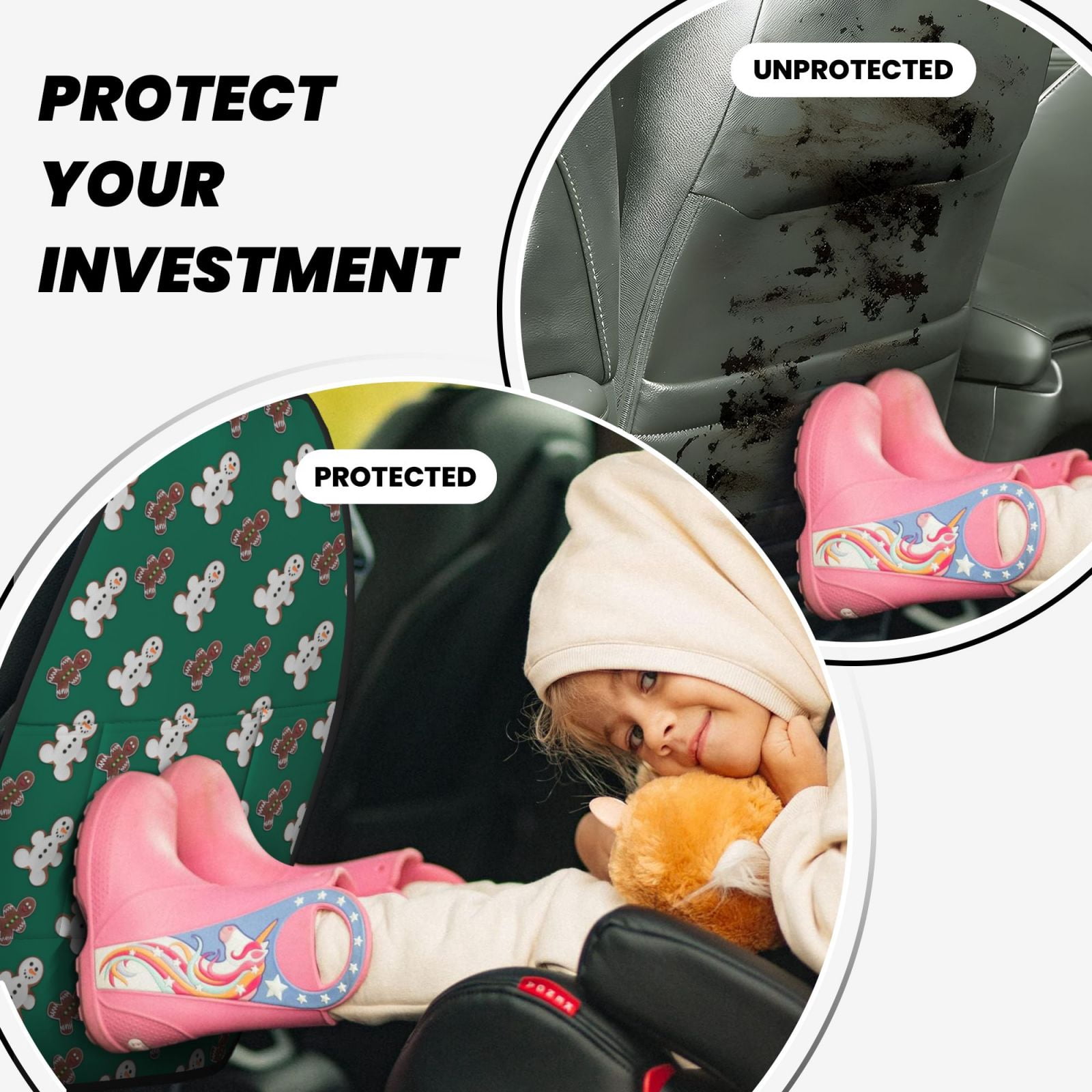 Xecao Gingerbread Snowman Cookies Pattern Car Seat Back Protector 2 Pack Large Capacity Pocket, Kick Mats Back Seat Protector