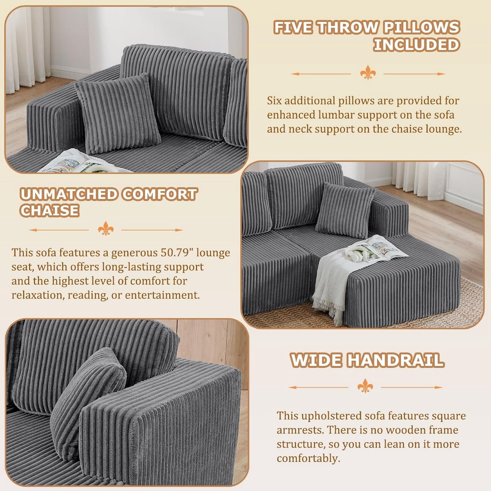 U Shape Modular Sectional Sofa with Chaise, Modern Minimalist Corduroy Couch with Sleeper Design, Comfy Space-Efficient Modular Sofa Set for Living Room, Apartment