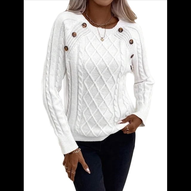Suéteres de Invierno para Mujer, Suéter de Punto Moderno con Detalle de Botones y Mangas Raglán, Suéter de Moda. M