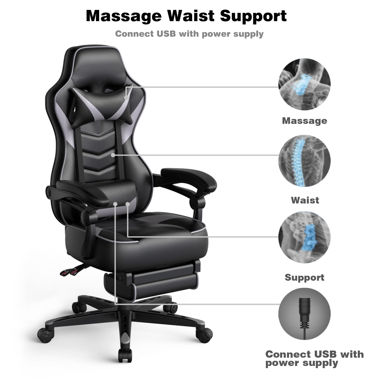 PULUOMIS Gaming Chair with Footrest for Adults Kids Video Game Racing Gaming Chairs Gray