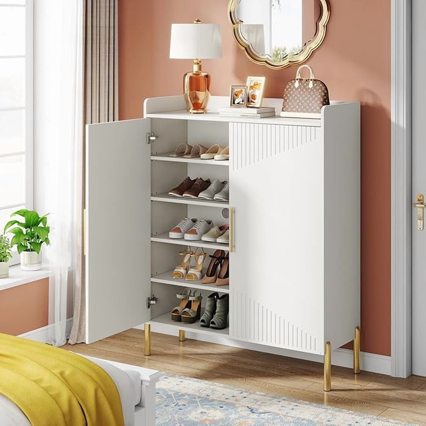 Tribesigns 6-Tier Shoe Storage Cabinet with Doors, 30 Pairs Shoe Rack Organizer for Entryway, White & Gold