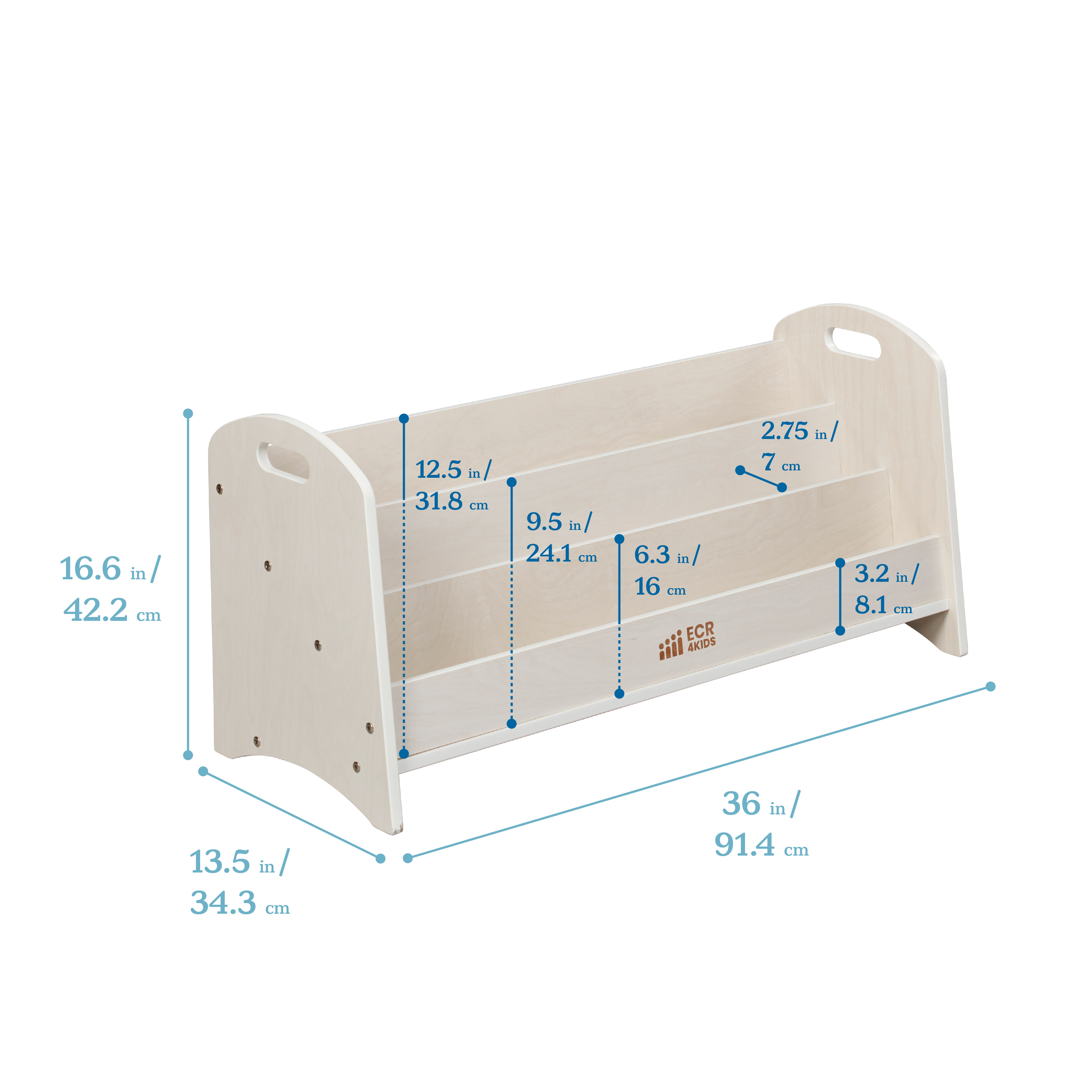 ECR4Kids 3-Shelf Floor Book Display with Handles, 36in, Children's Furniture, White Wash