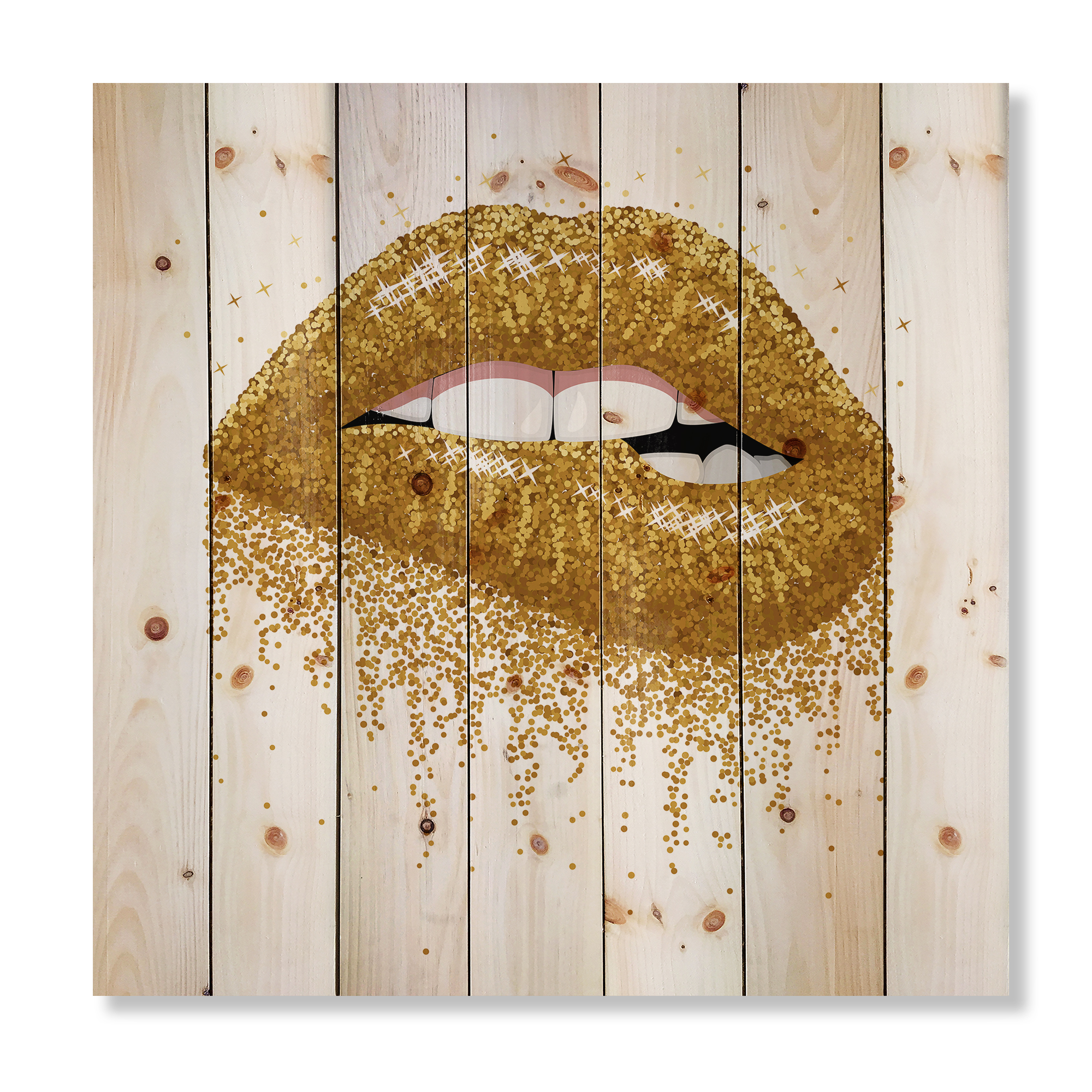 Designart 'Girl Lips With Glitter Gold Sparkles' Modern Print on Natural Pine Wood