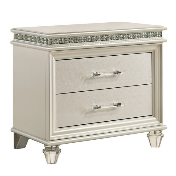 2 Drawer Nightstand with Acrylic Feet and Crystal Accents, Silver - Saltoro Sherpi