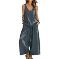 thumbnail image 2 of IUYRTFE Women's V Neck Sleeveless Top and Wide Leg Pants Set Drawstring Waist Cotton Linen Lounge Outfit, 2 of 7