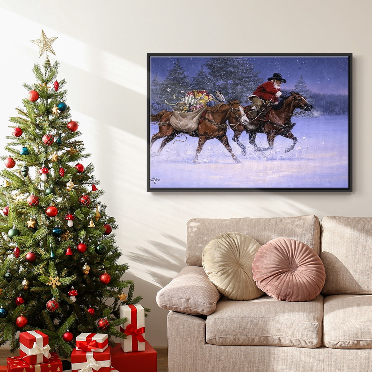 Christmas Rush - Framed Gallery Wrapped Holiday Canvas - 25 x 37 - Black Frame