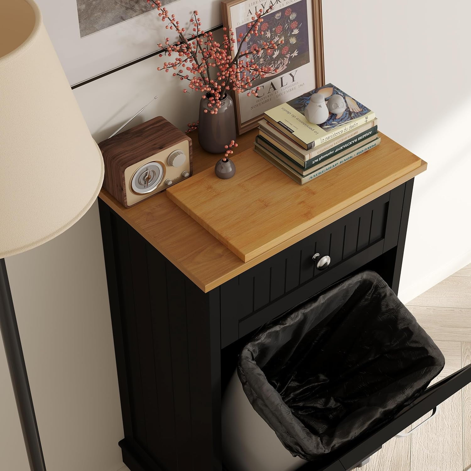 JassmiPkwy Trash Cabinet Tilt-Out,10 Gallon Farmhouse Laundry Hamper Cabinet w/1 Drawers,Hidden Wooden Trash Can Cabinets with Storage Basket for Kitchen-Balck