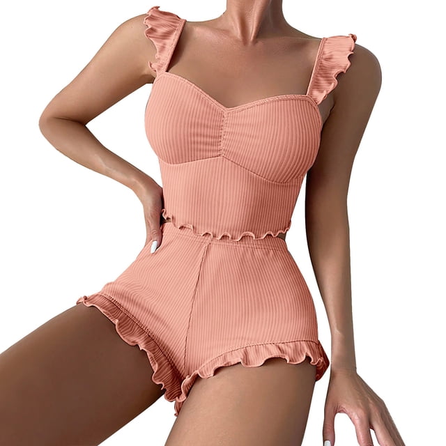 WZXFASHION 2 Ensembles pour Femmes Robe d'Été Haut Sans Manches et Short Ensembles de Pyjama Lingerie pour Femmes Sommeil & Ensembles WomenPajamaSets Rose m