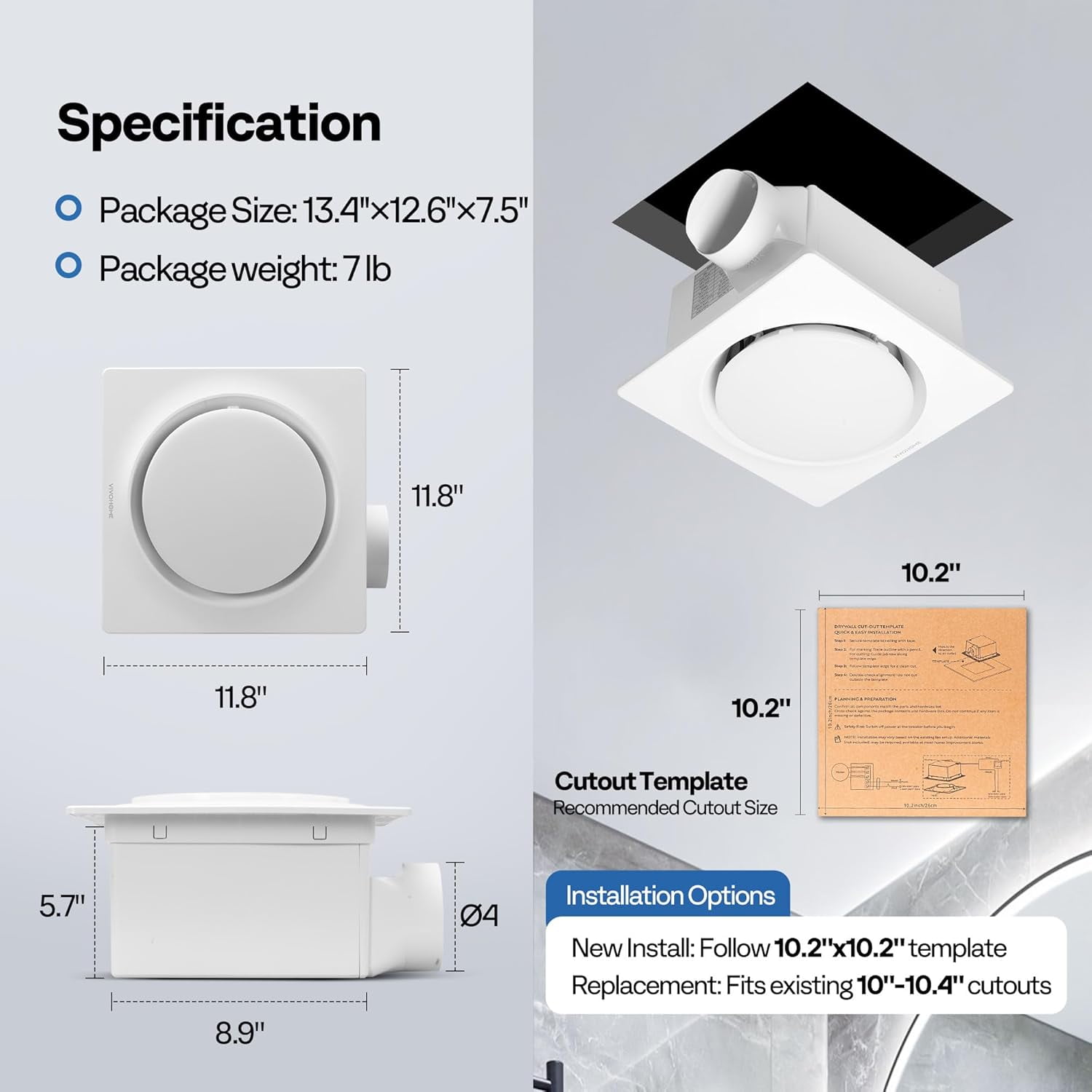 AutoFlow Bathroom Exhaust Fan with Light & Humidity Sensor (30-110-160CFM) - 3CCT Dimmable LED, Energy-Saving EC Motor, Dual Insulation, Constant Airflow, (Install Kit, 4-in Duct)