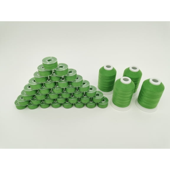 Sewing Thread Combo, 36pcs size L, style L, SA155, prewound bobbin plus 4 spools same color top thread, 502 Mint Green color, 40S/2 Spun Polyester, Thread weight 34wt